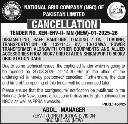 National Grid Company of Pakistan Tender Notice